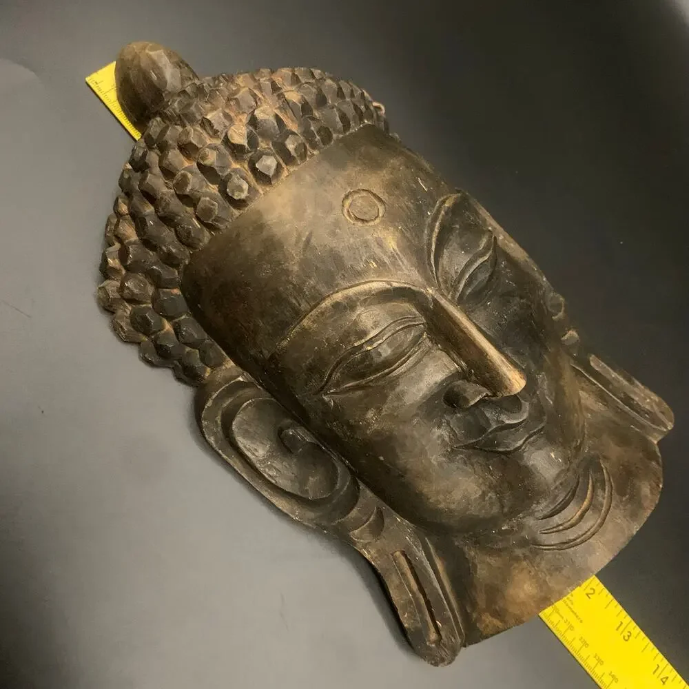 Vintage Gautam Buddha Nepal Head Face Mask Hand Carved Wood Wall Hanging